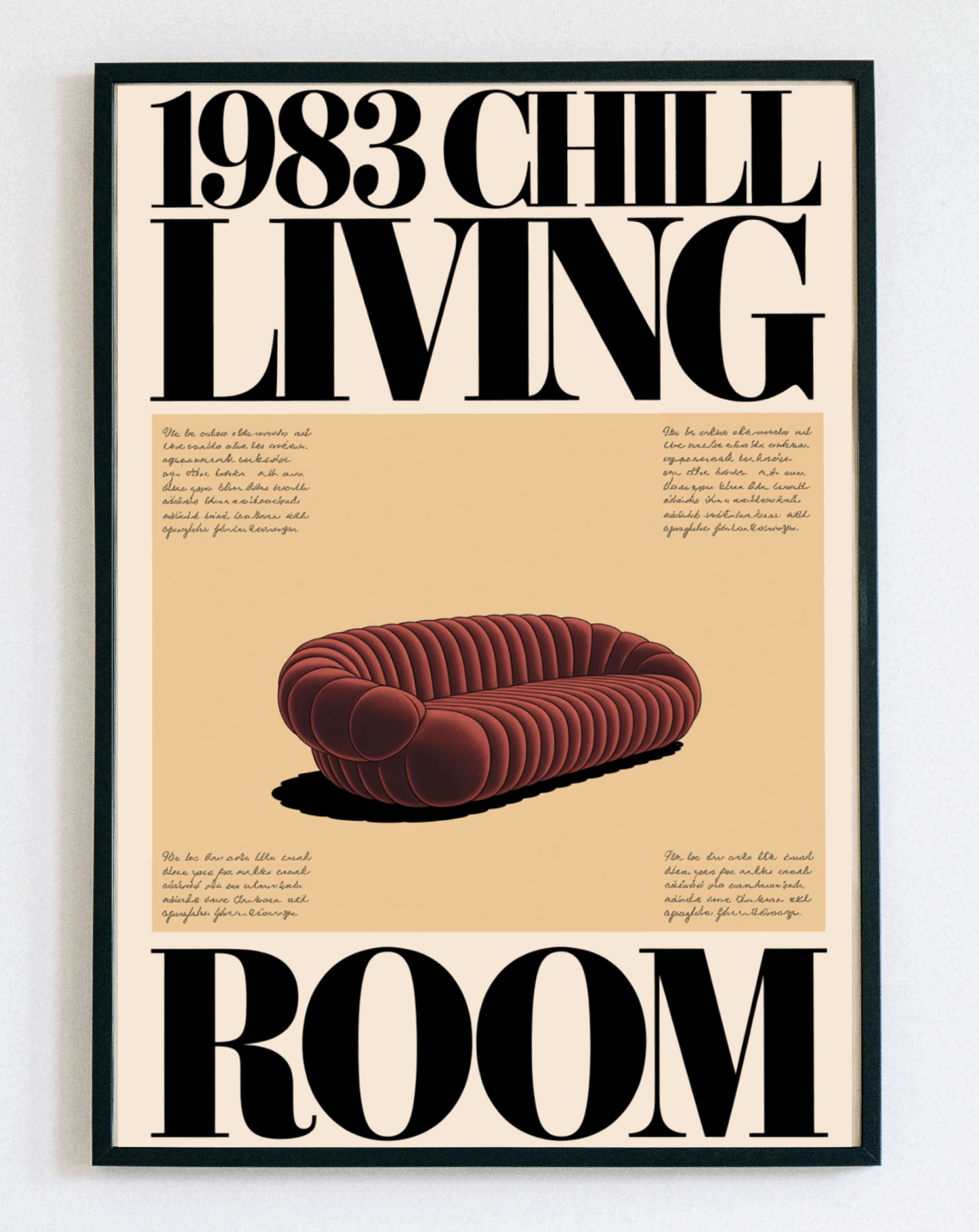 Obraz w ramce 1983 Chill Living Room – grafika retro w stylu lat 80. do salonu i sypialni – Demarro