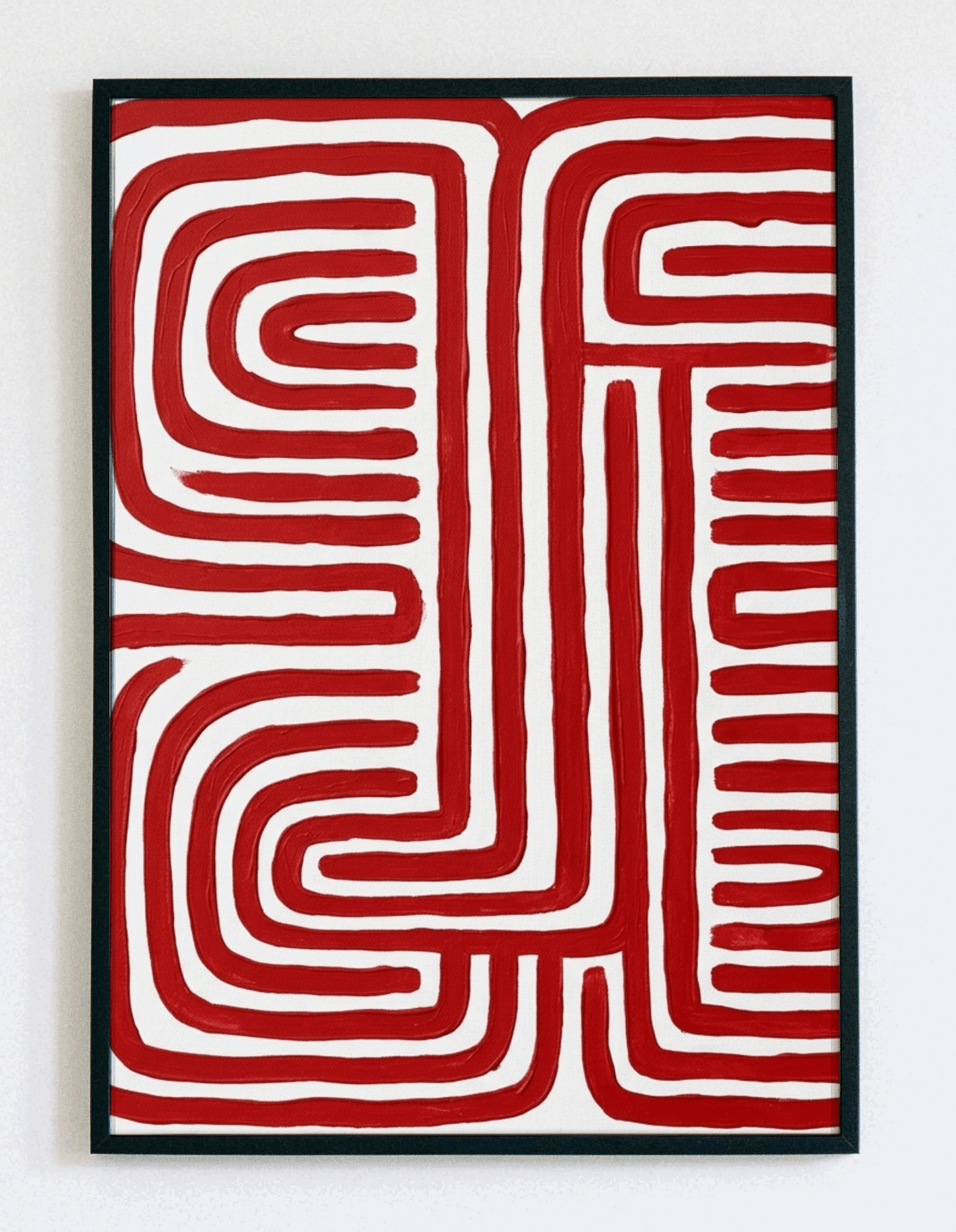Abstrakcyjny obraz w ramce Red Labyrinth – czerwona grafika geometryczna z motywem labiryntu do nowoczesnego salonu – Demarro