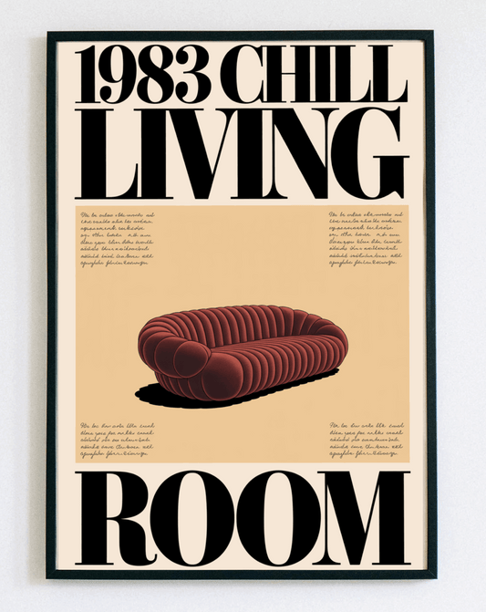 Obraz w ramce 1983 Chill Living Room – grafika retro w stylu lat 80. do salonu i sypialni – Demarro