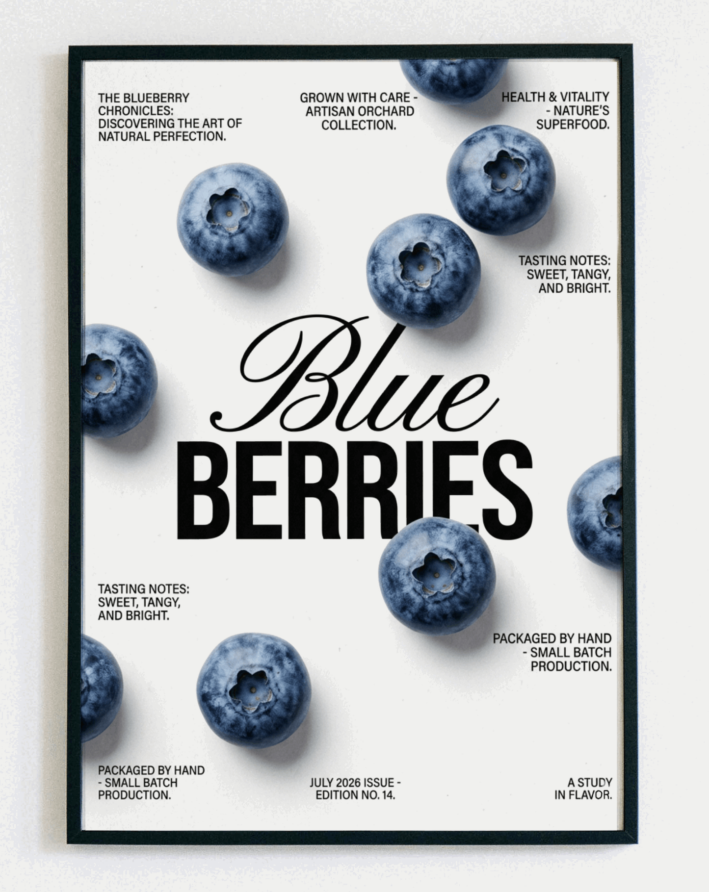 Minimalistyczny obraz w ramce Blueberries – nowoczesna grafika z borówkami do kuchni i jadalni – Demarro