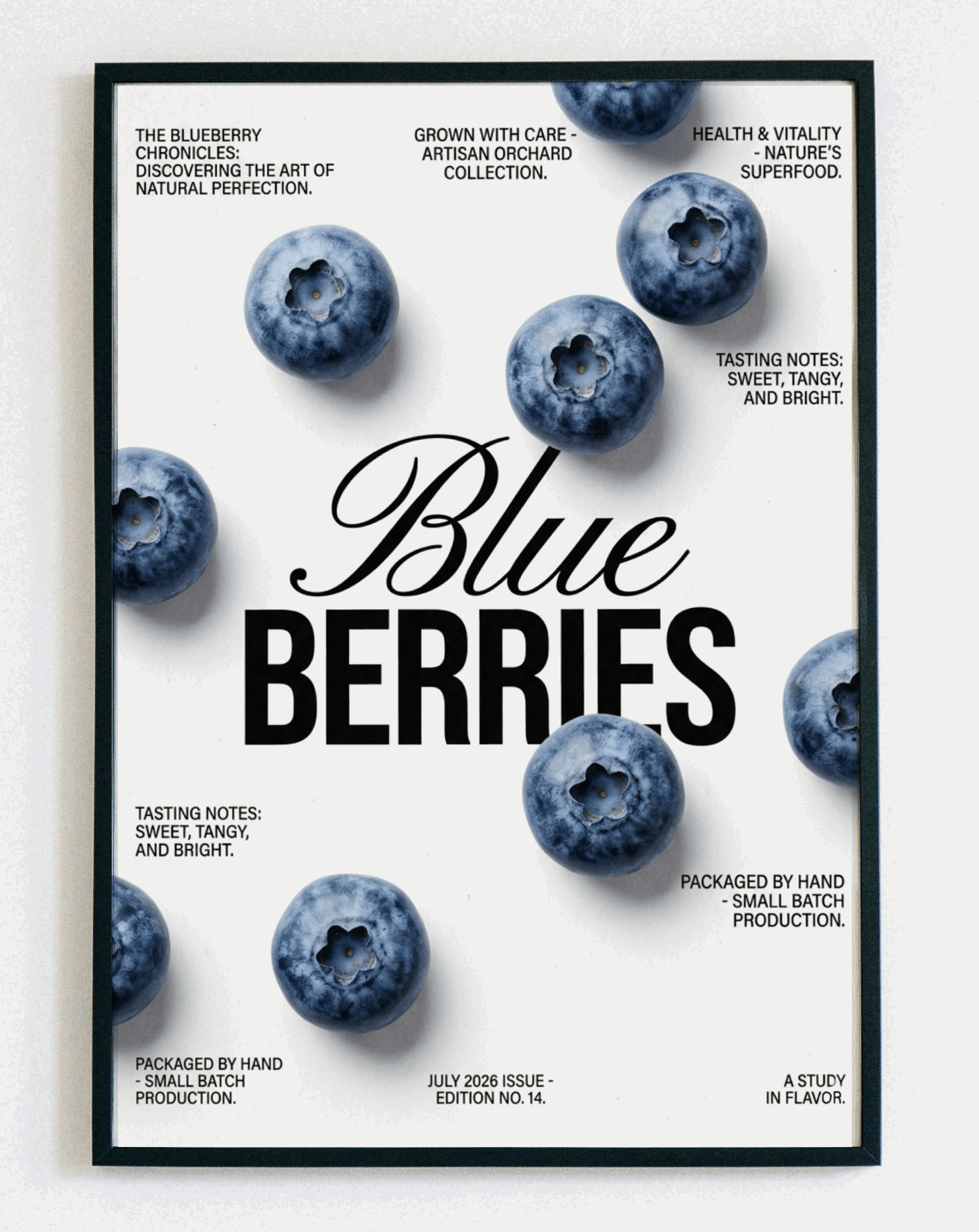 Minimalistyczny obraz w ramce Blueberries – nowoczesna grafika z borówkami do kuchni i jadalni – Demarro