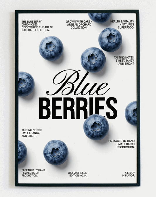 Minimalistyczny obraz w ramce Blueberries – nowoczesna grafika z borówkami do kuchni i jadalni – Demarro