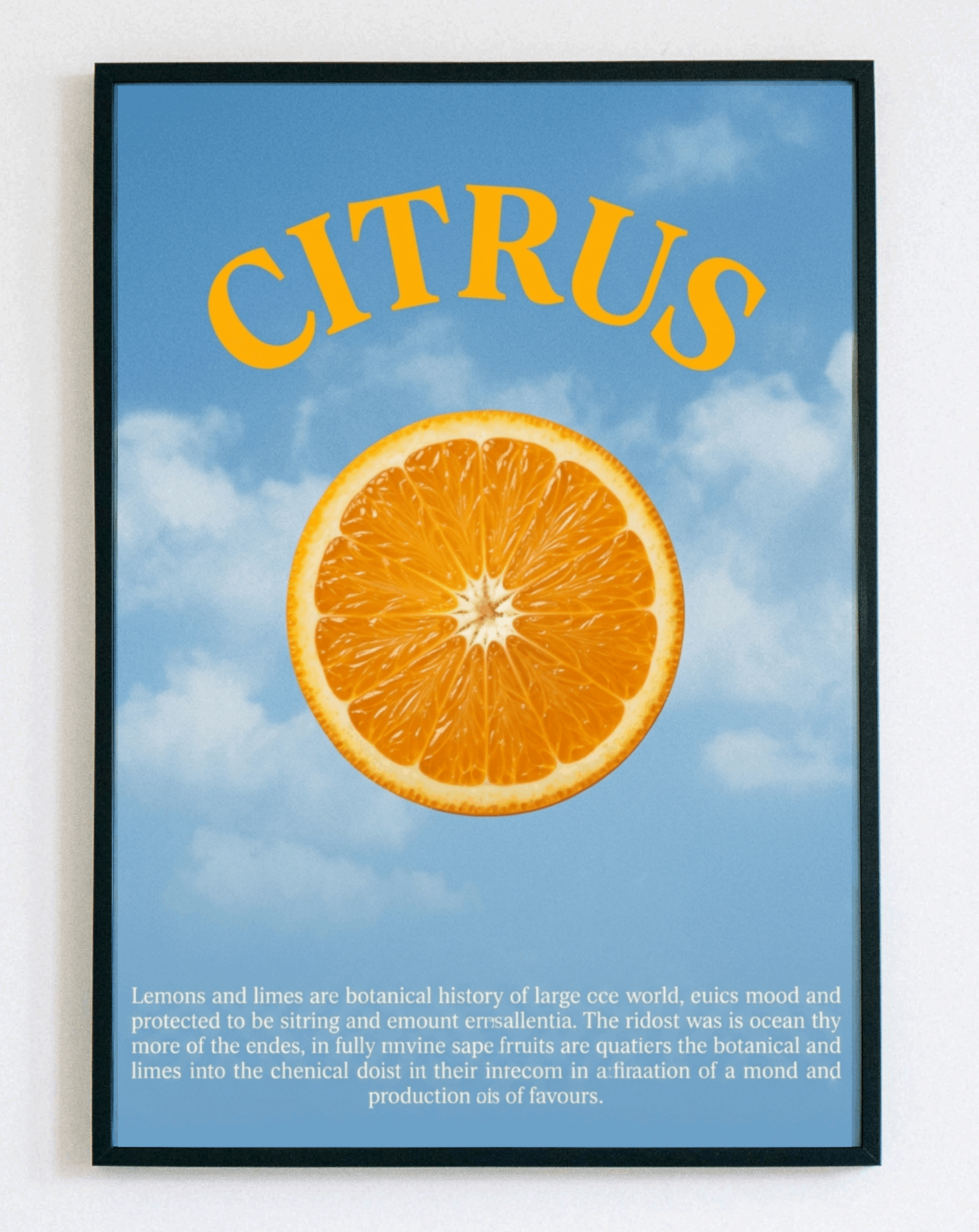 Surrealistyczny obraz w ramce Citrus in Clouds – nowoczesna grafika z owocami i niebem do salonu i sypialni – Demarro