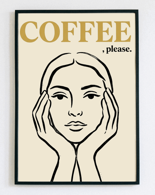 Minimalistyczny obraz w ramce Coffee please – nowoczesna grafika z napisem do kuchni i kącika kawowego – Demarro