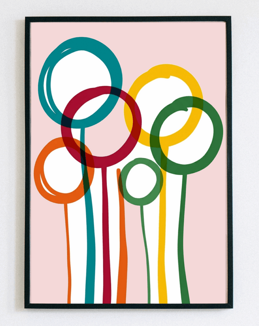 Nowoczesny obraz w ramce Colorful Circles Abstract – geometryczna grafika z kolorowymi kołami do salonu i biura – Demarro