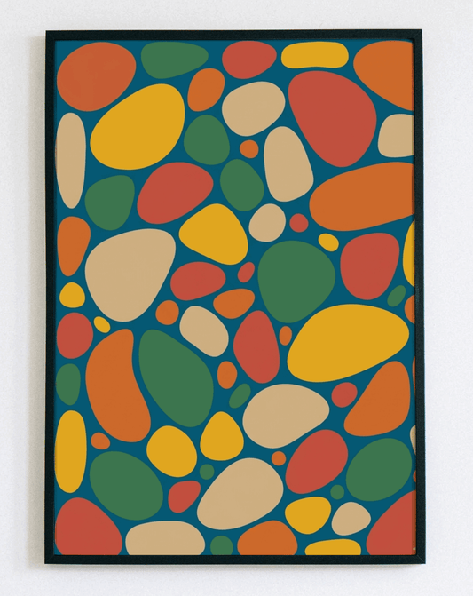 Minimalistyczny obraz w ramce Colorful Pebbles – nowoczesna grafika z motywem kolorowych kamieni do salonu i łazienki – Demarro