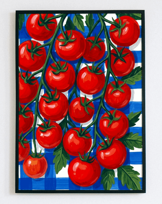 Nowoczesny obraz w ramce Fresh Cherry Tomatoes – minimalistyczna grafika z motywem pomidorków do kuchni i jadalni – Demarro