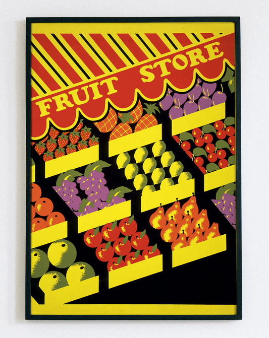 Obraz w ramce Fruit Store Vintage – klimatyczna grafika ze starym sklepem owocowym w stylu vintage do kuchni i jadalni – Demarro
