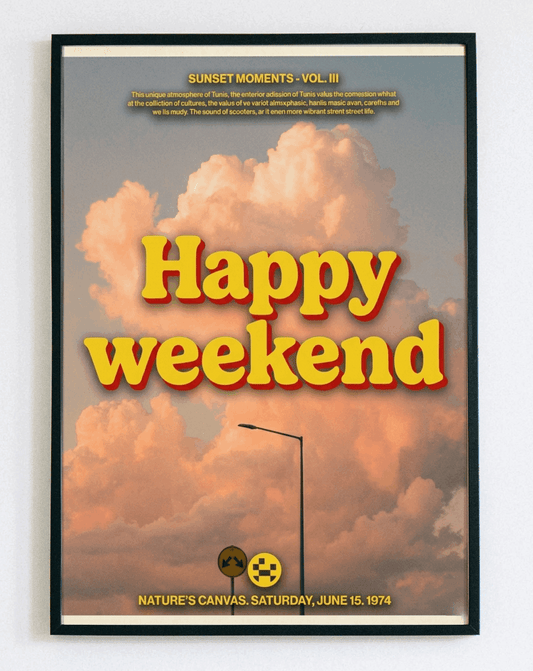 Obraz w ramce "Happy Weekend Sunset" – ciepły pejzaż w stylu retro, idealny do sypialni i salonu