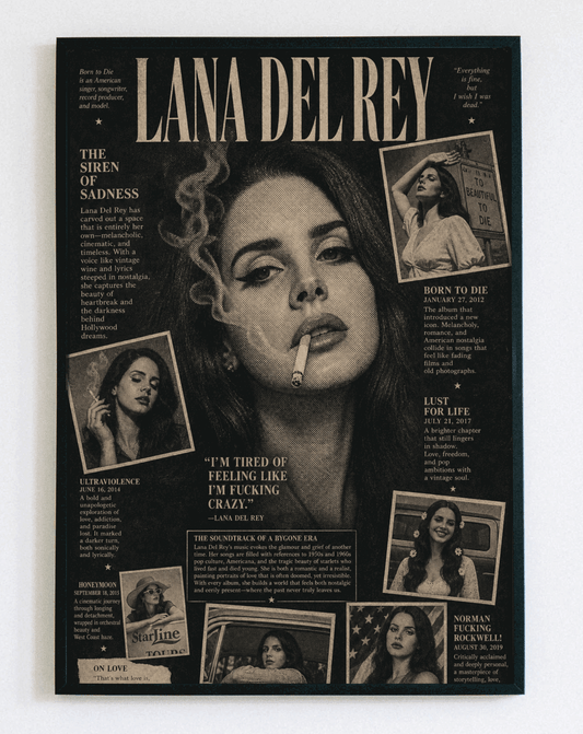 Obraz w ramce przedstawiający artystkę Lana Del Rey – muzyczna dekoracja ścienna z napisem do salonu i sypialni – Demarro