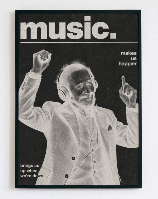 Obraz w ramce Music Makes Us Happier – nowoczesna dekoracja ścienna z napisem do salonu i pokoju muzycznego – Demarro