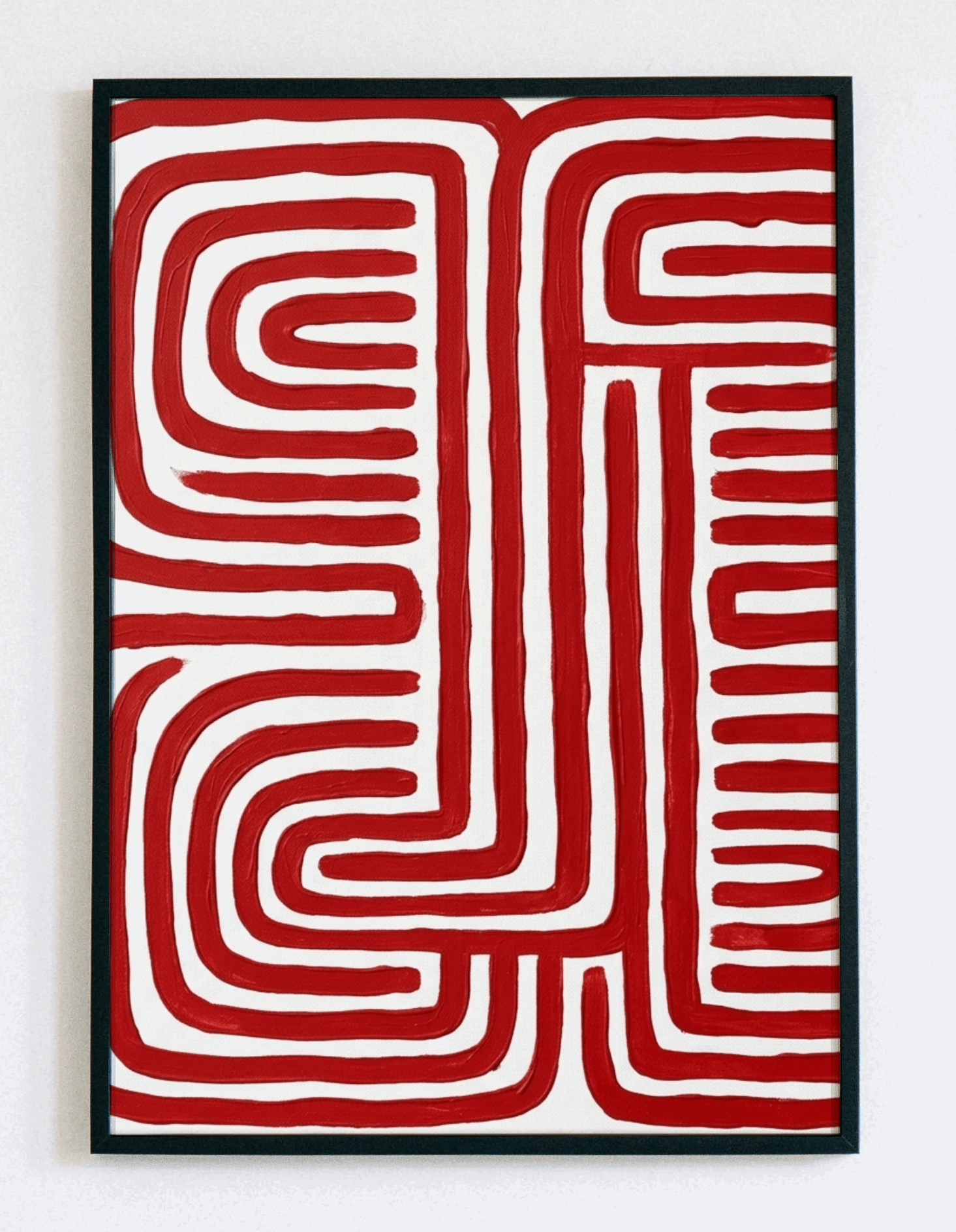 Abstrakcyjny obraz w ramce Red Labyrinth – czerwona grafika geometryczna z motywem labiryntu do nowoczesnego salonu – Demarro