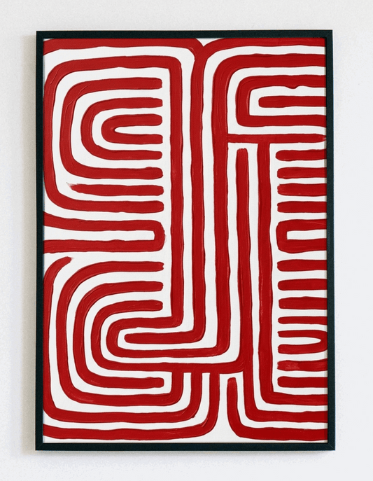 Abstrakcyjny obraz w ramce Red Labyrinth – czerwona grafika geometryczna z motywem labiryntu do nowoczesnego salonu – Demarro