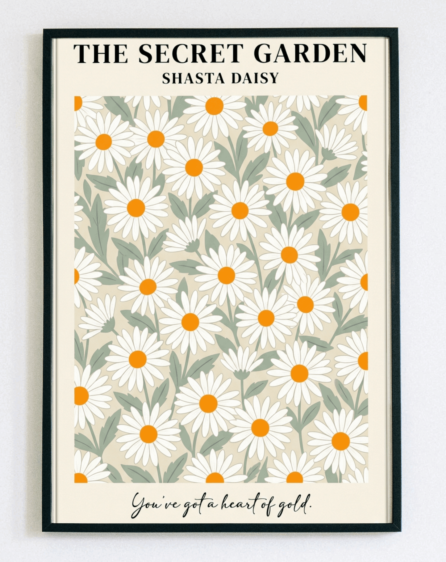 Minimalistyczny obraz w ramce Secret Garden Daisies – nowoczesna grafika botaniczna ze stokrotkami do sypialni i salonu – Demarro
