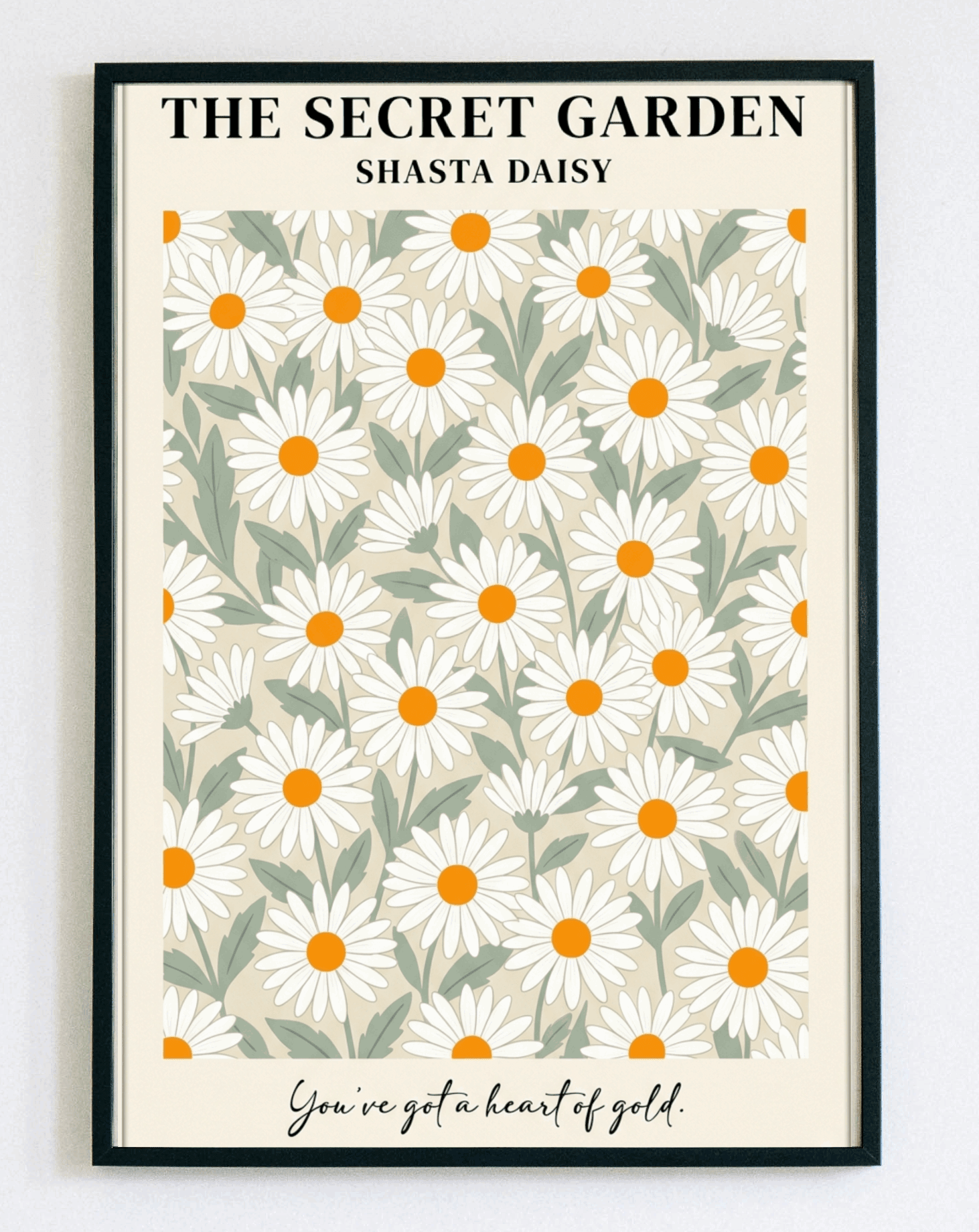 Minimalistyczny obraz w ramce Secret Garden Daisies – nowoczesna grafika botaniczna ze stokrotkami do sypialni i salonu – Demarro