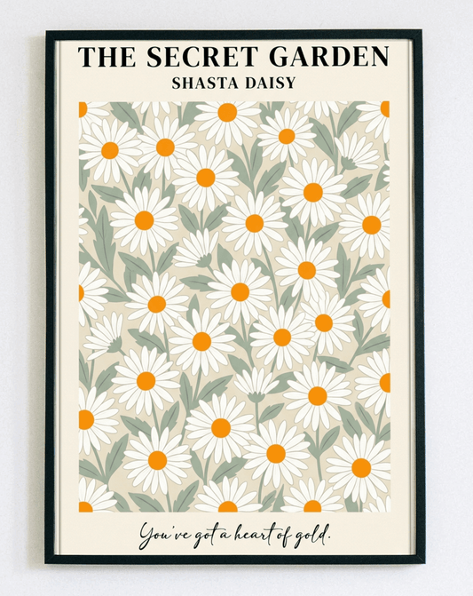 Minimalistyczny obraz w ramce Secret Garden Daisies – nowoczesna grafika botaniczna ze stokrotkami do sypialni i salonu – Demarro
