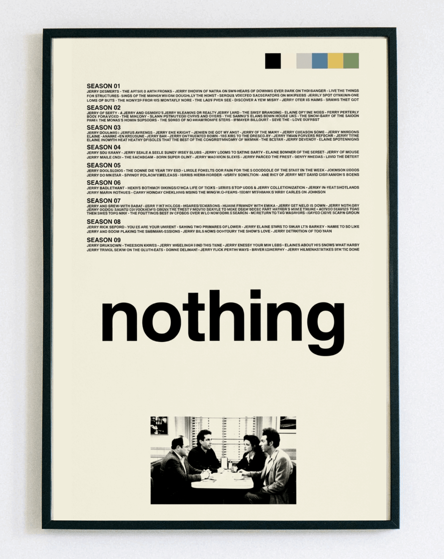 Obraz w ramce Seinfeld Nothing Show – minimalistyczna grafika nawiązująca do kultowego serialu w stylu vintage pop-art do salonu – Demarro