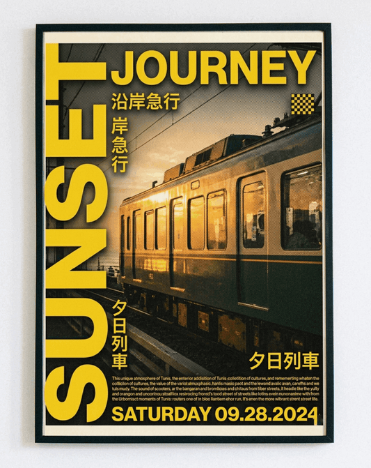 Obraz w ramce Sunset Journey Train – stylowa grafika z pociągiem i zachodem słońca w klimacie vintage travel – Demarro