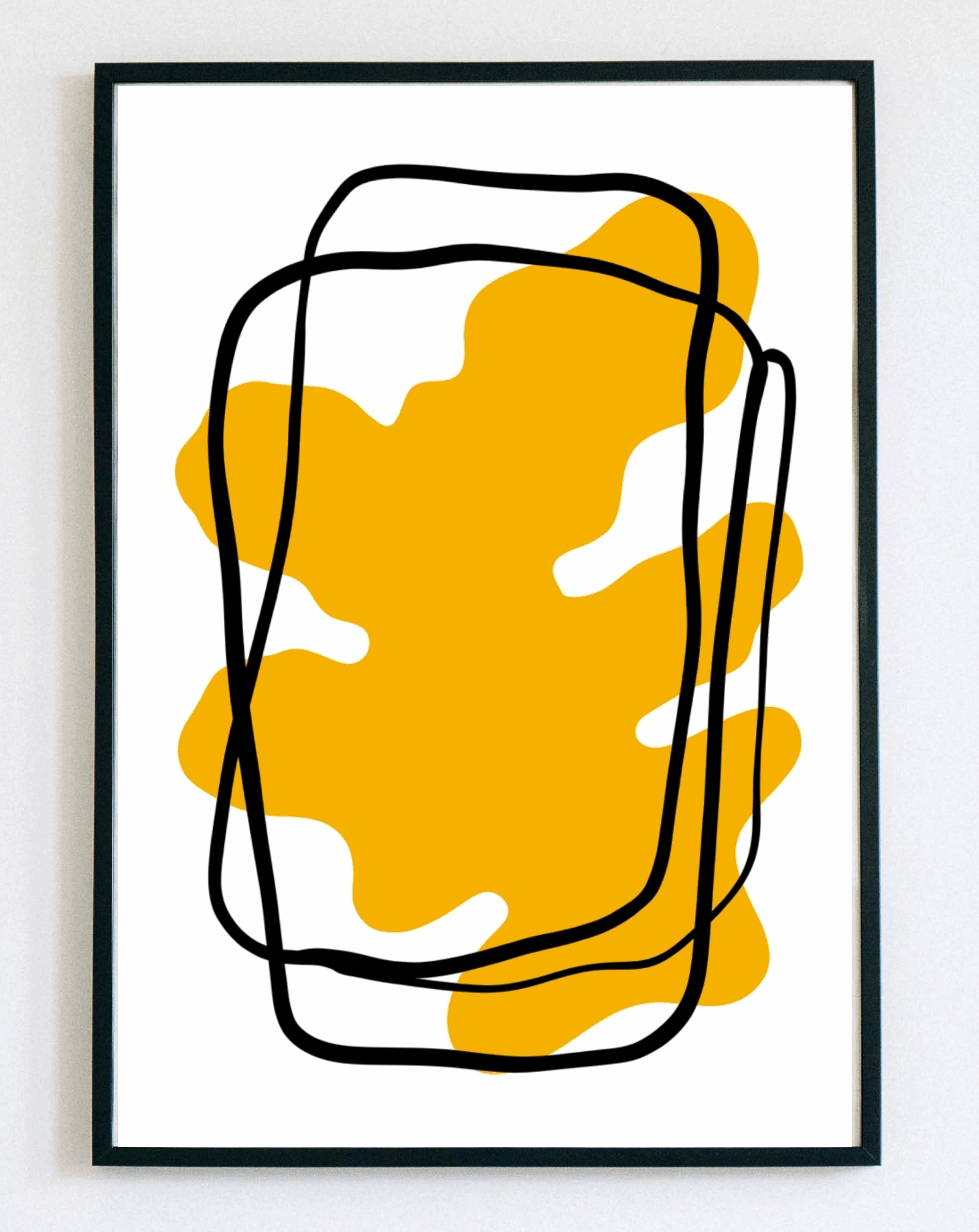Nowoczesny obraz w ramce Yellow Abstract Shapes – żółta grafika abstrakcyjna z organicznymi kształtami do salonu – Demarro