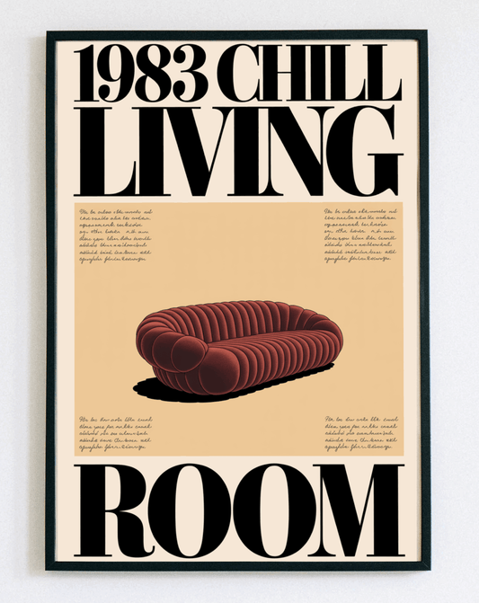 Obraz w ramce "1983 Chill Living Room" – nostalgiczna grafika w stylu retro do nowoczesnego wnętrza - obraz w ramce do salonu - Demarro